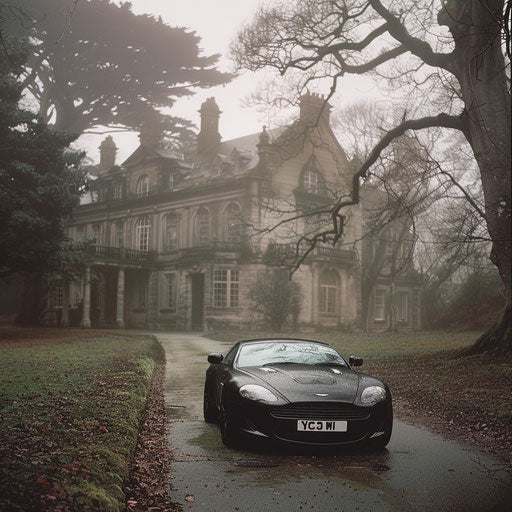 Ghostly Aston Martin DB7 Zagato haunting a foggy, abandoned mansion driveway
