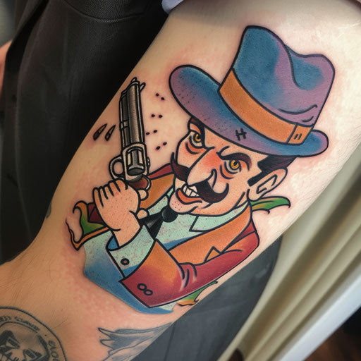 Whimsical gangster tattoo of cartoon mobster with machine gun on white