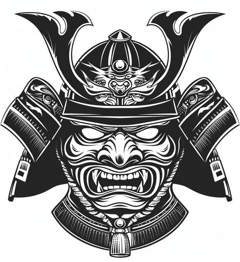 Samurai mask vector, Ilford Pan F style, mythology-inspired, aluminum, digitally enhanced, RTX on, sonian, dansaekhwa 69:76