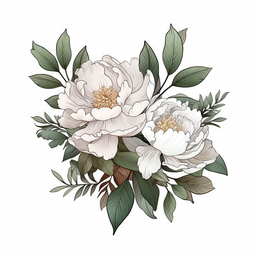 Biological drawing of peony with leaves, ivy isolated, in strong linear style, organic material