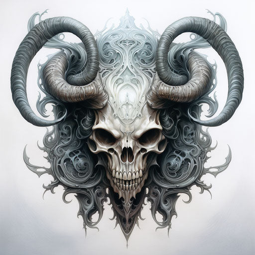 Horned skull with digital airbrushing, classic tattoo motifs
