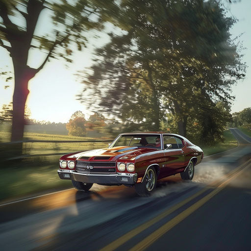 A 1977 Chevelle muscle car with side exhausts cruising country road