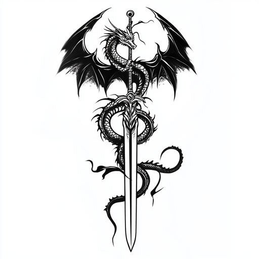 Sketch of tribal dragon tattoo wrapped around a sword