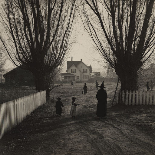 Halloween Stroll Among Trees and White Fences