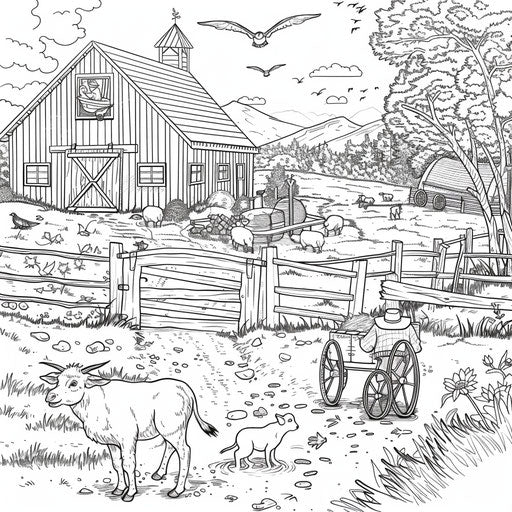 Playful scene of a farmer and animals having fun outside the barn