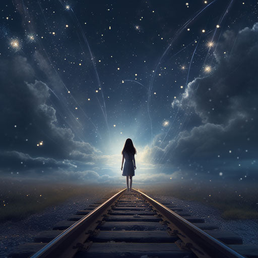 Girl gazing at stars with ethereal, ghostly figures and light