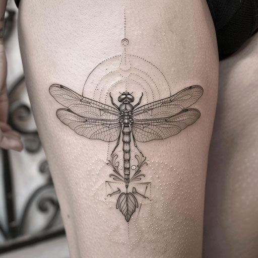 Outline tattoo of a dragonfly, in the style of Maria Sibylla Merian