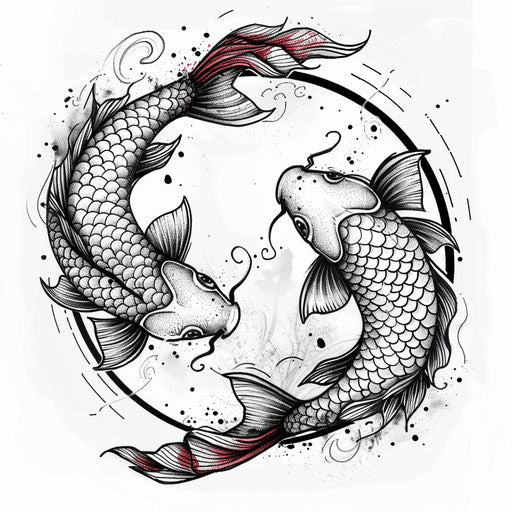 Flat tattoo sketch clipart style for dotwork tattoo, showing a pair of koi fish circling each other, yin and yang concept