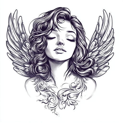 Sketch of angel neck tattoo with delicate wings