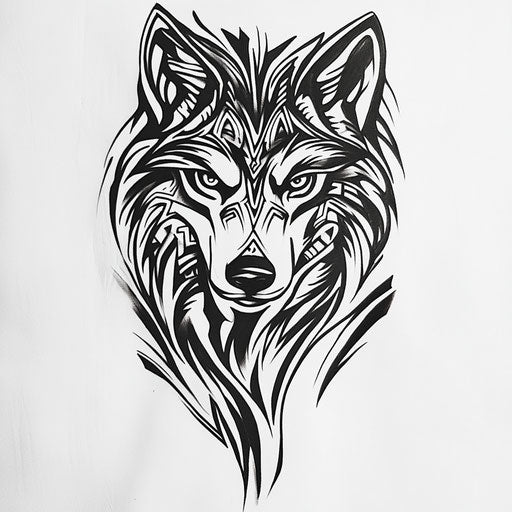Tribal wolf tattoo in the style of Ami James