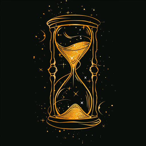 Flat tattoo sketch of hourglass with golden sand on black