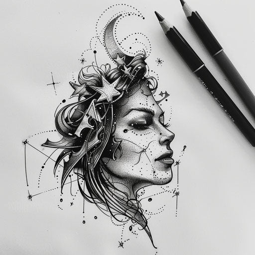 Monochrome Virgo constellation tattoo sketch