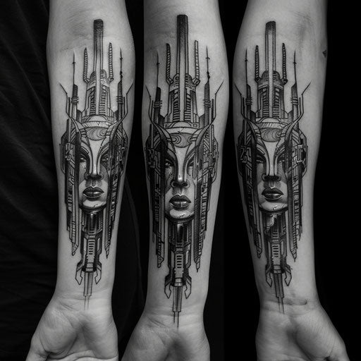 Forearm tattoos for women in the style of J.P. Targete with futuristic designs