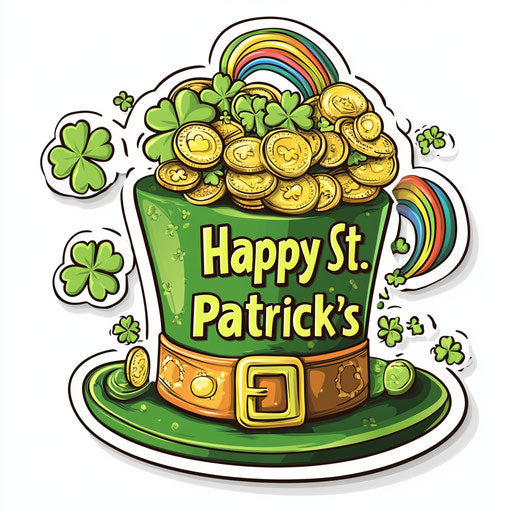 Irish hat with gold coins, rainbows, and shamrocks
