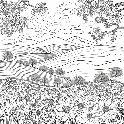 Lush landscape with blooming orchard