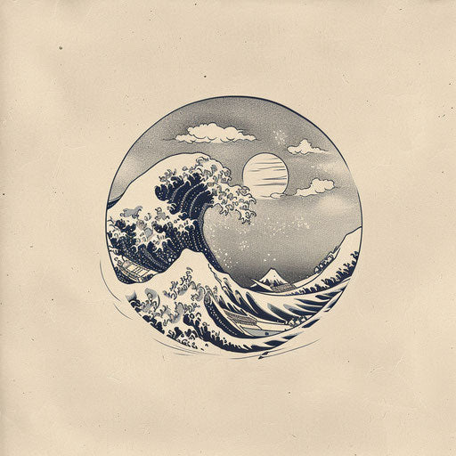 Flat tattoo sketch of Earth with delicate waves and mount Fuji