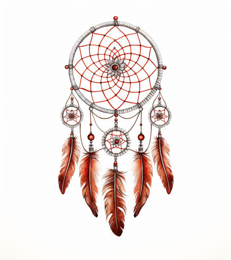 Dream catcher on white background, dark silver and light maroon style, detailed cross-hatching, organic material, detailed wildlife, intuitive gestures, ornate simplicity
