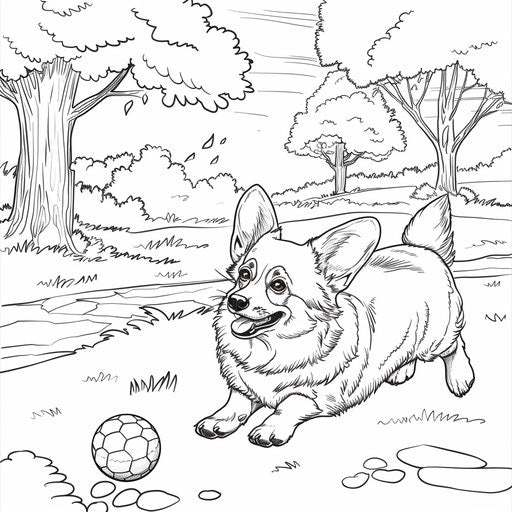 Playful scene of a corgi playing with a ball in a park.