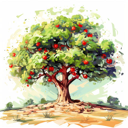 Apple tree illustration in the style of Impressionistic Art, on white background
