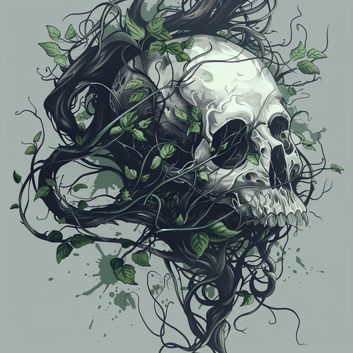 Creepy tattoo sketch of skull with crawling vines