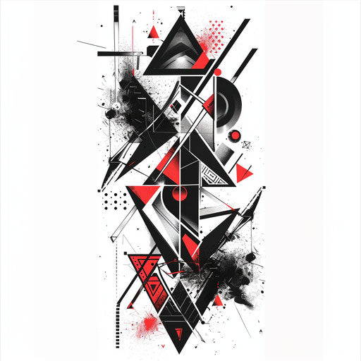 Modern flat tattoo sketch with geometric chaos elements in sharp black and red