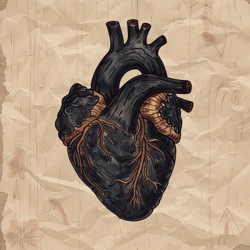 Rustic flat tattoo sketch of a black heart with wood grain texture and earthy tones