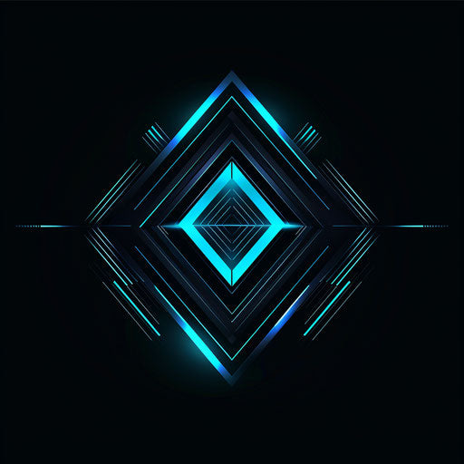 Graphic design logo with futuristic elements, neon blue and black