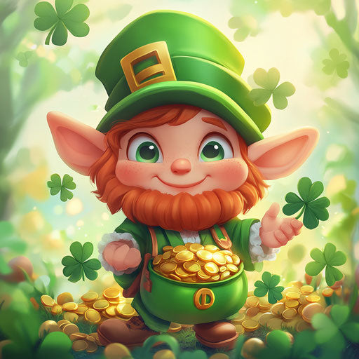 St. Patrick's Day, a cute leprechaun with a pot of gold and shamrocks