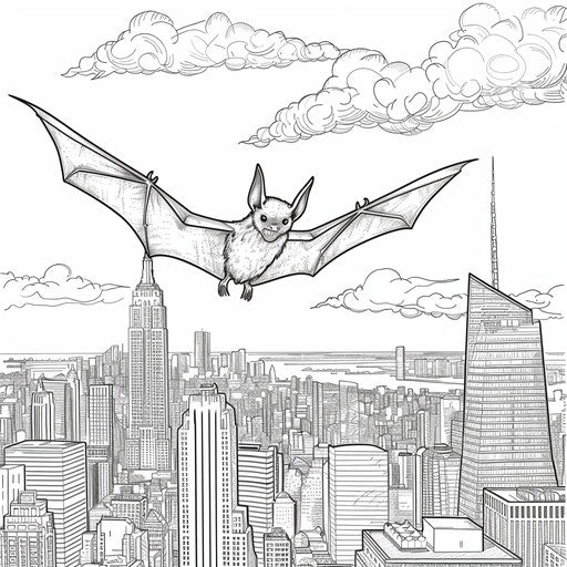 Bat flying over city skyline at dusk