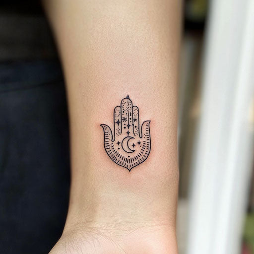 Beautiful flat tattoo sketch hamsa hand with crescent moon