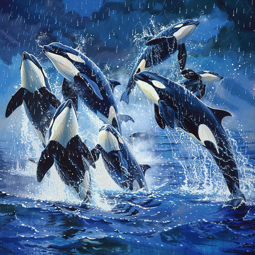 Orca whales in the torrential rain