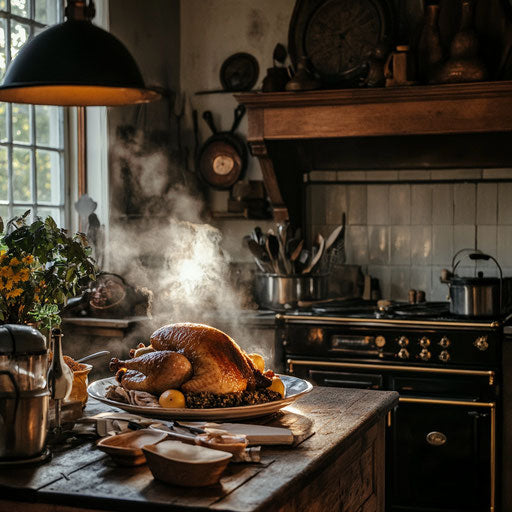 A cozy country kitchen with a golden stuffed turkey