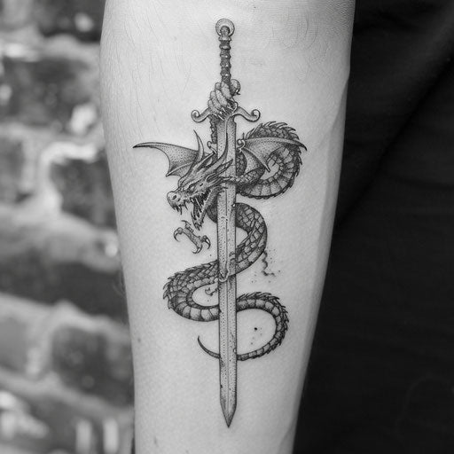Black Ink Tattoo of a Dragon Wrapped Around a Sword, on a White Canvas