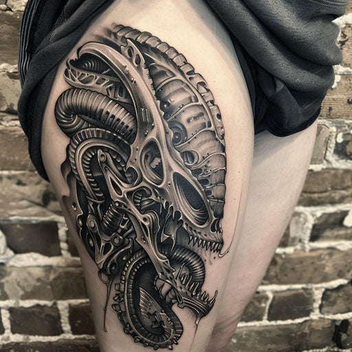 Thigh tattoo with biomechanical designs, Adrian Smith style