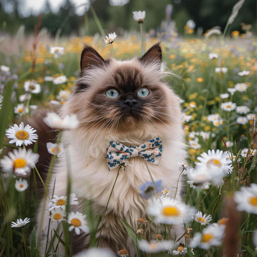 Himalayan cat with cute bow tie sitting in a field of daisies