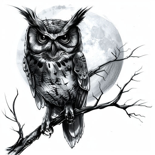 Owl on branch with full moon - Halloween tattoo design