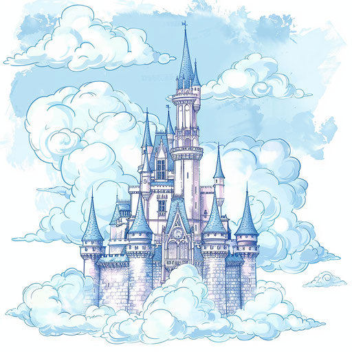 Fairy tale castle in the pastel blue clouds