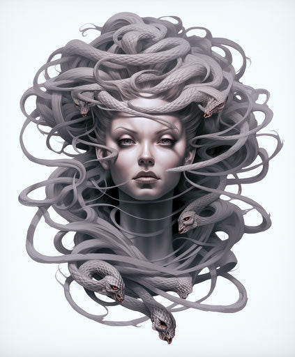 Medusa tattoo with dragons, black and white realism style