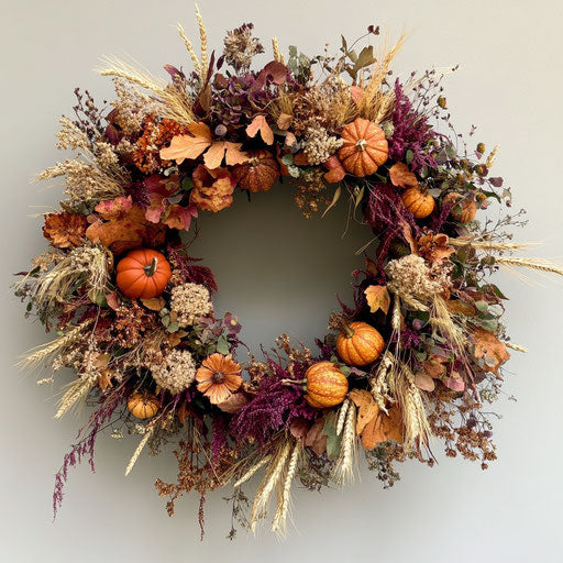 Wreath of dried flowers in deep autumnal hues