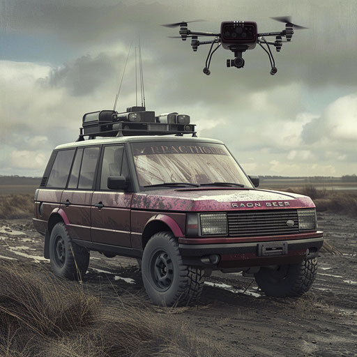 High-tech drone-equipped Range Rover on reconnaissance mission