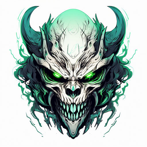 Evil demonic skull with green eyes