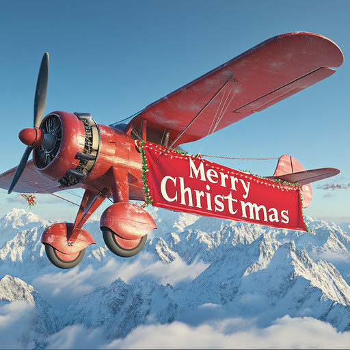 'Merry Christmas' banner towed by vintage airplane in clear blue sky, snowy mountains in background