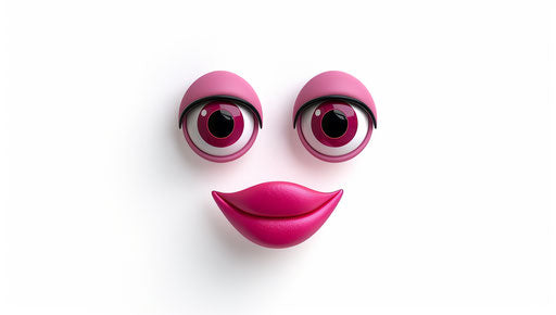 Two eyes and mouth emoji, pink lips, white background, 37:21