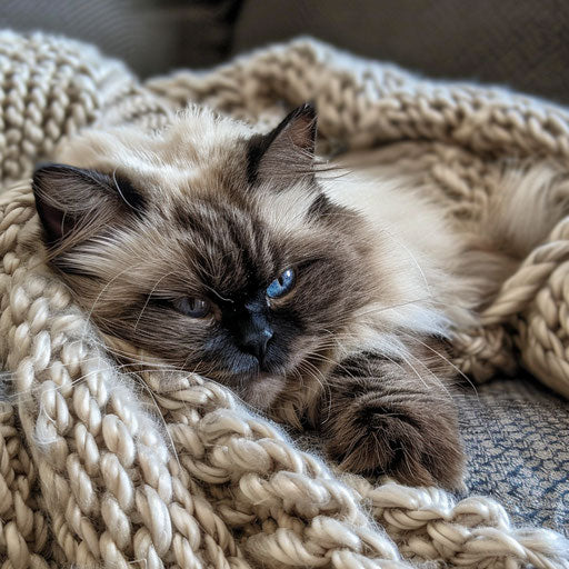 Himalayan cat with a gentle expression, lying on a knitted blanket