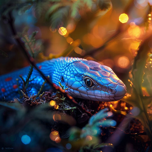 Blue tongue skink with soft lighting in a natural setting