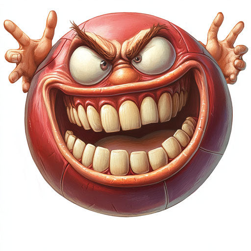 Humorous caricature of a dodgeball clipart with human characteristics, exaggerated teeth, fingered hands, floating in the air, vibrant colors, cartoon style, waving, high resolution, no background, isolated