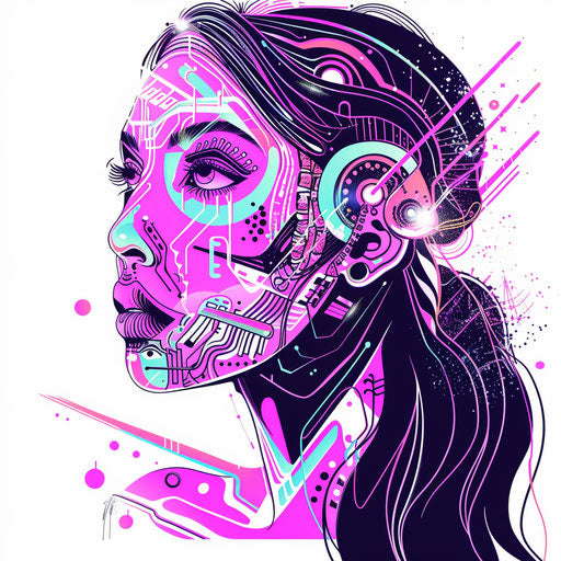 Futuristic girly tattoo sketch with cybernetic patterns and neon lights