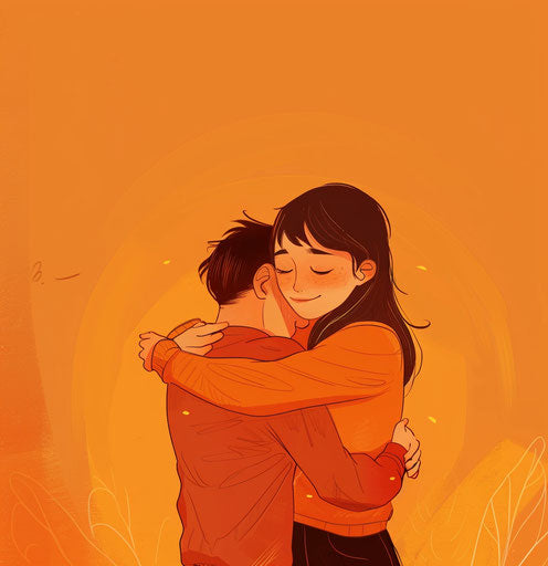 Couple hug in cheerful and humorous cartoon style
