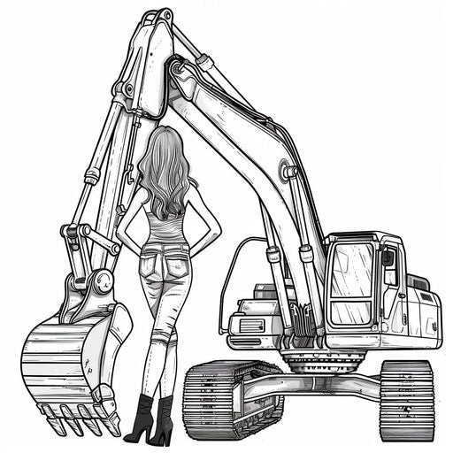 A chic, fashion-inspired excavator, coloring book page