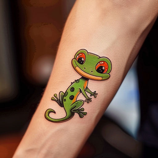 Flat tattoo sketch of a charming cartoon gecko